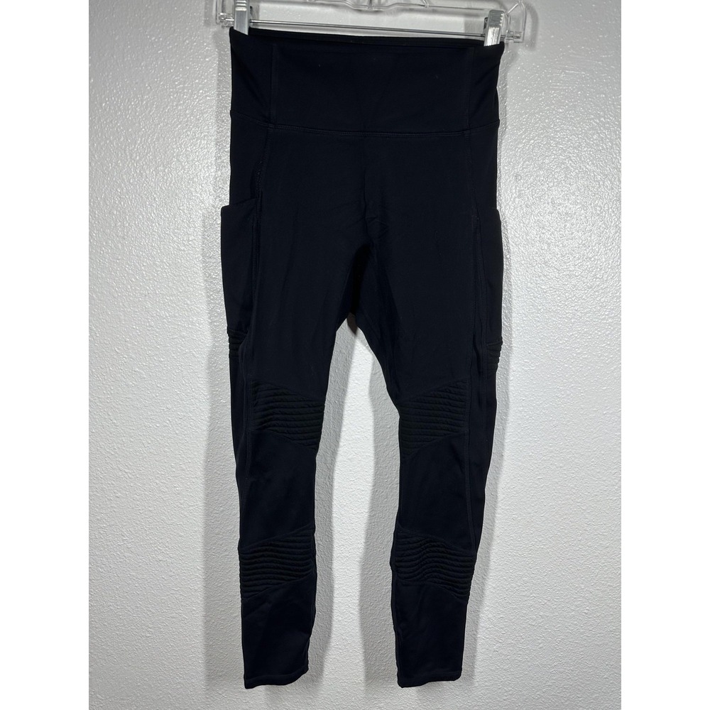 Fabletics Leggings Womens Small Black High Rise Moto Panel Pockets Stretch Pants